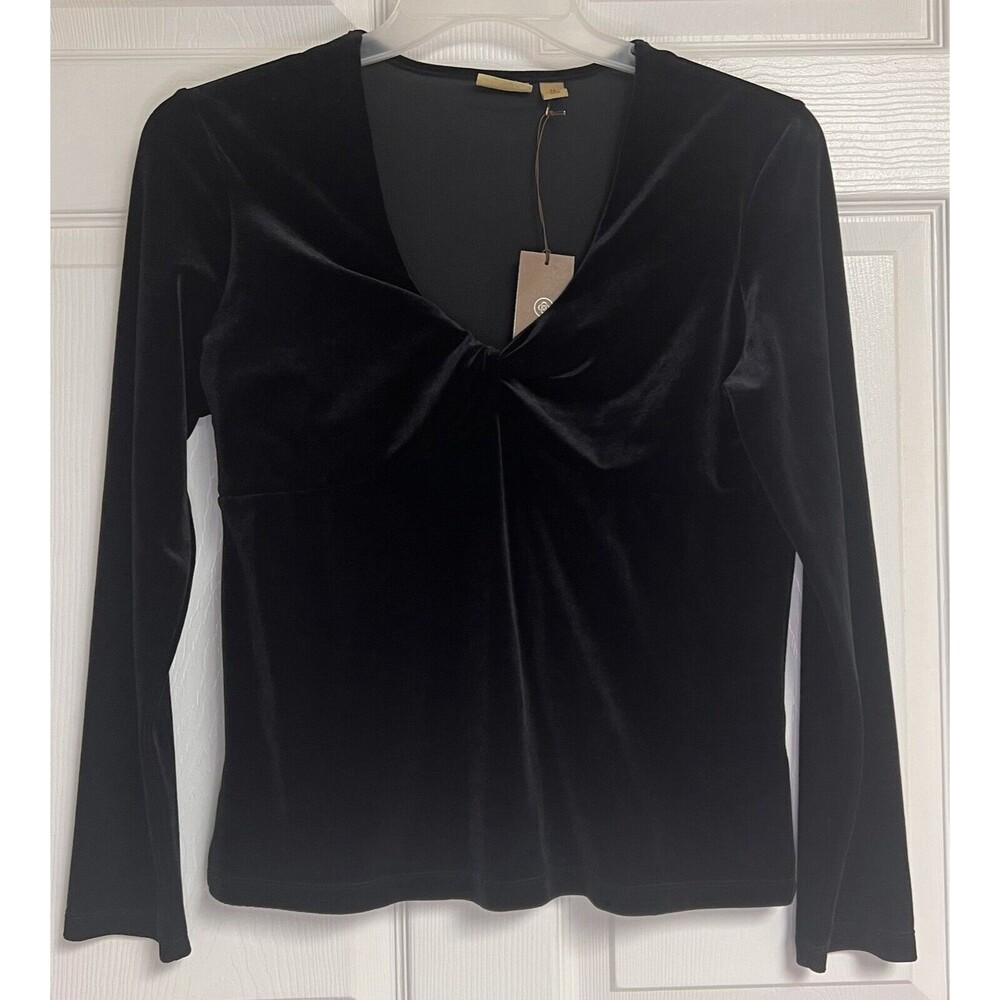 NWT Caslon Women Black Long Sleeve Velour Knit Top Small V-Neck Career Party